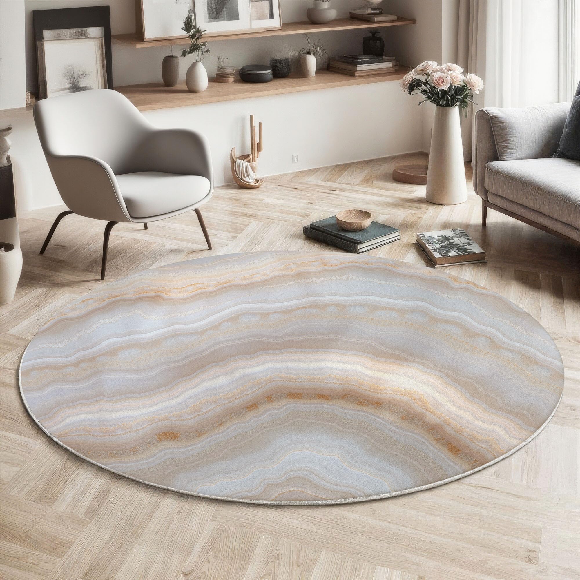 Tapis de salon lavable beige rond 120cm dos antidérapant