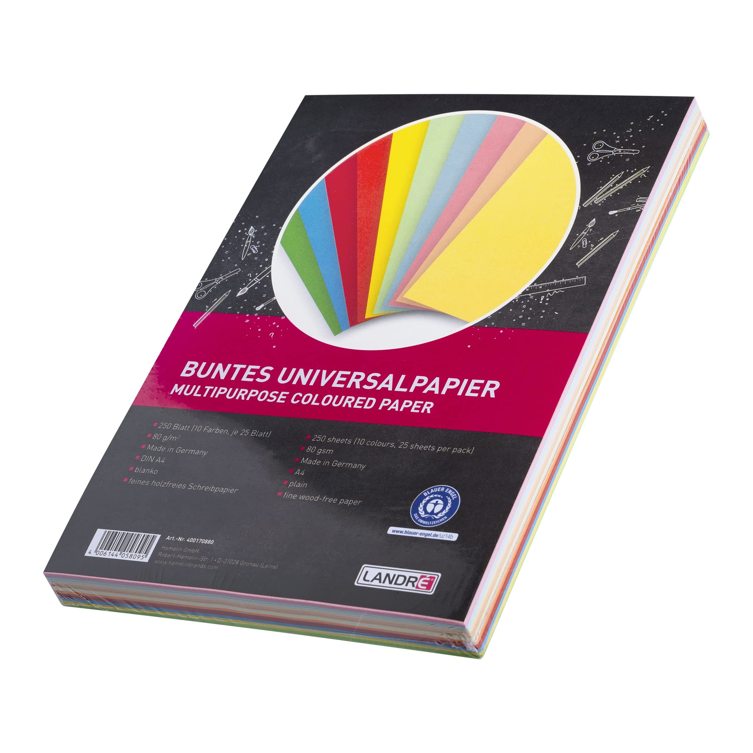 LANDRÉ 250 arkuszy papieru A4, kolorowy, uniwersalny, gramatura 80 g/m², 10 kolorów