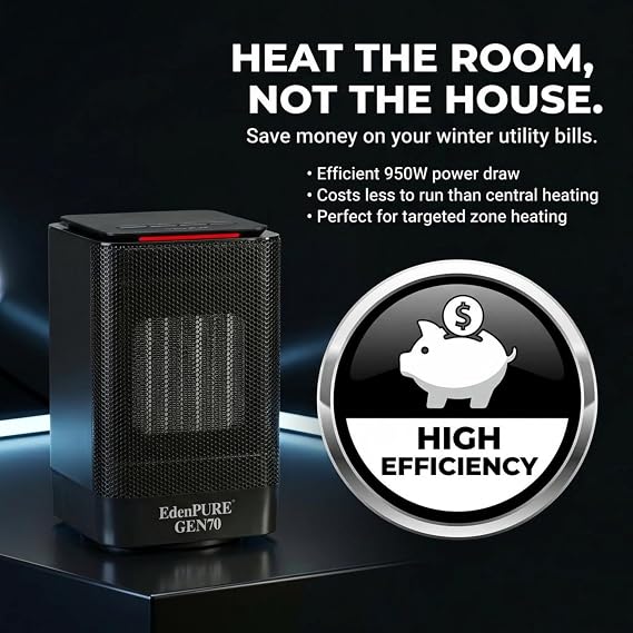 EdenPURE GEN70 Portable Infrared Heater and Cooler 950W PTC Infrared Heat, Oscillating Swivel Fan, 2 Heat Settings + Cooling - Safe for Pets Kids, Personal Space Compact for Desk, Bedroom or Travel