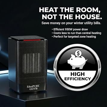 EdenPURE GEN70 Portable Infrared Heater and Cooler 950W PTC Infrared Heat, Oscillating Swivel Fan, 2 Heat Settings + Cooling - Safe for Pets Kids, Personal Space Compact for Desk, Bedroom or Travel