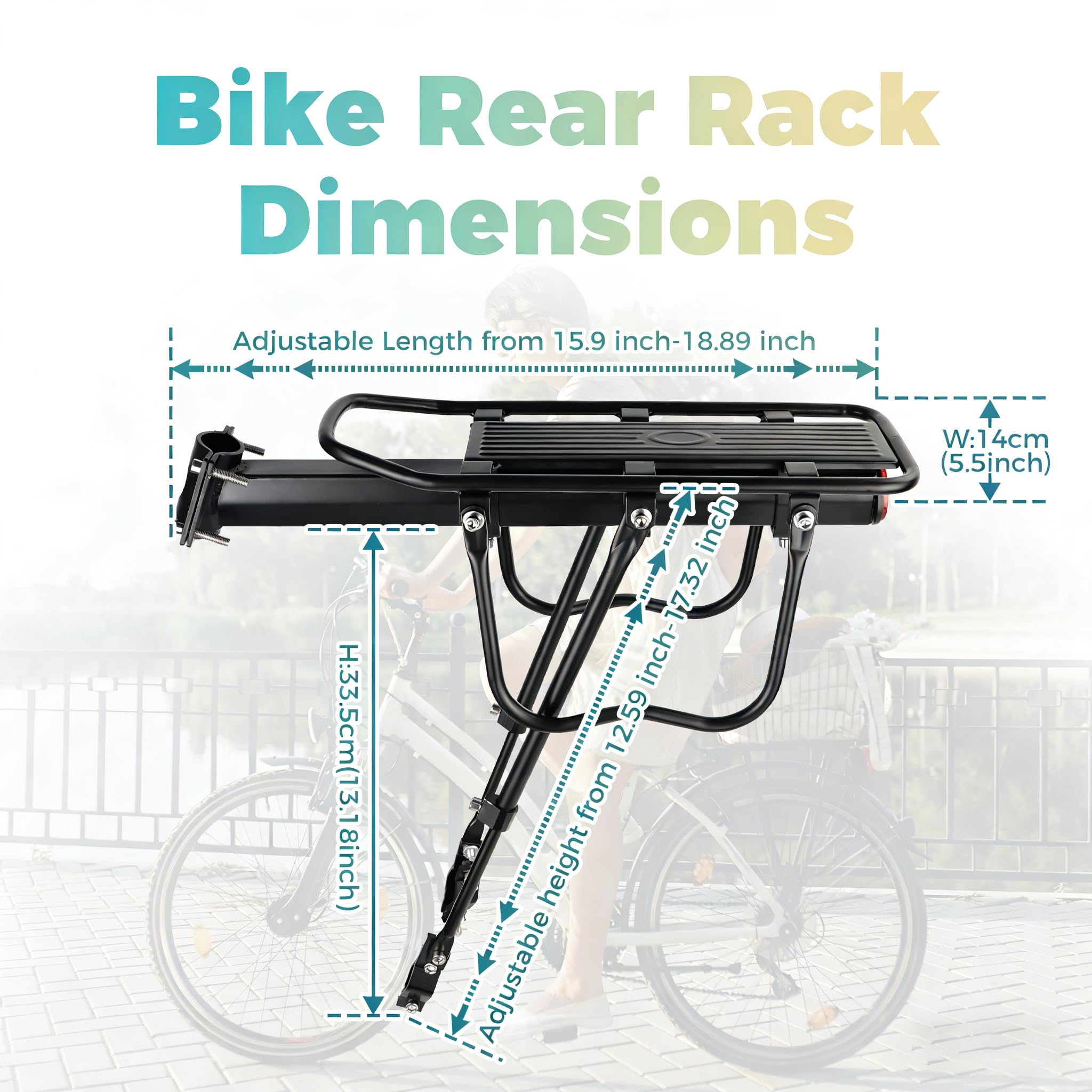 Bagażnik rowerowy tylny Touring maksymalne obciążenie 50 kg, stop aluminium, regulowana wysokość nośna, nadaje się do rowerów 22-29", 700C, do rowerów górskich, wyścigowych