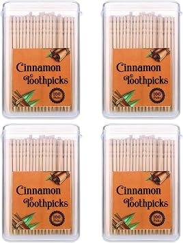 Mumufy 400 Pcs 4 Boxes Cinnamon Toothpicks for Adults Cinnamon Flavored Toothpicks with Clear Plastic Boxes, 100 Pcs for Each Box