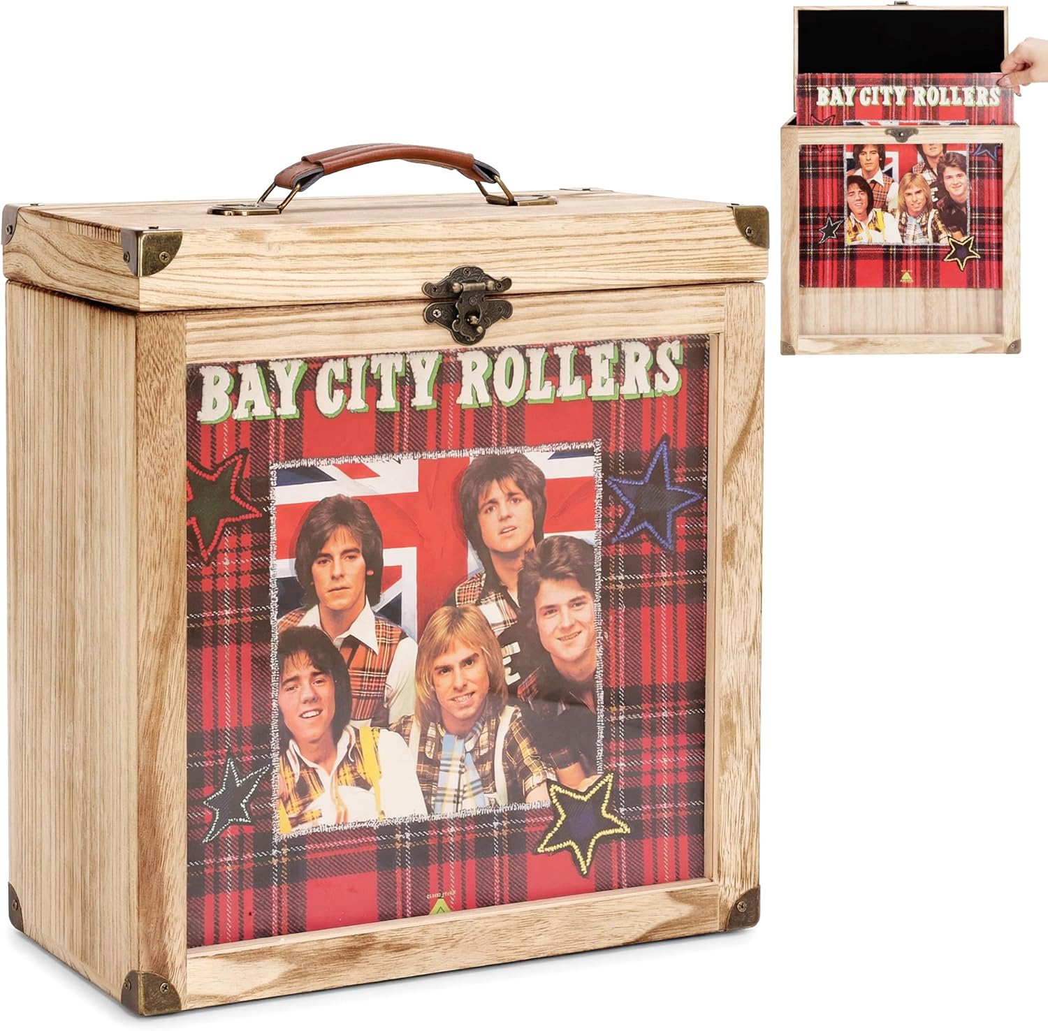 Liaakrr Vinyl Record Storage Box, Solid Wood Record Case with Display Window & Secure Latches, Record Holder Fits 7/10 Inch Records, Holds 30–40 Albums, Portable Record Organizer with Handle-Beige