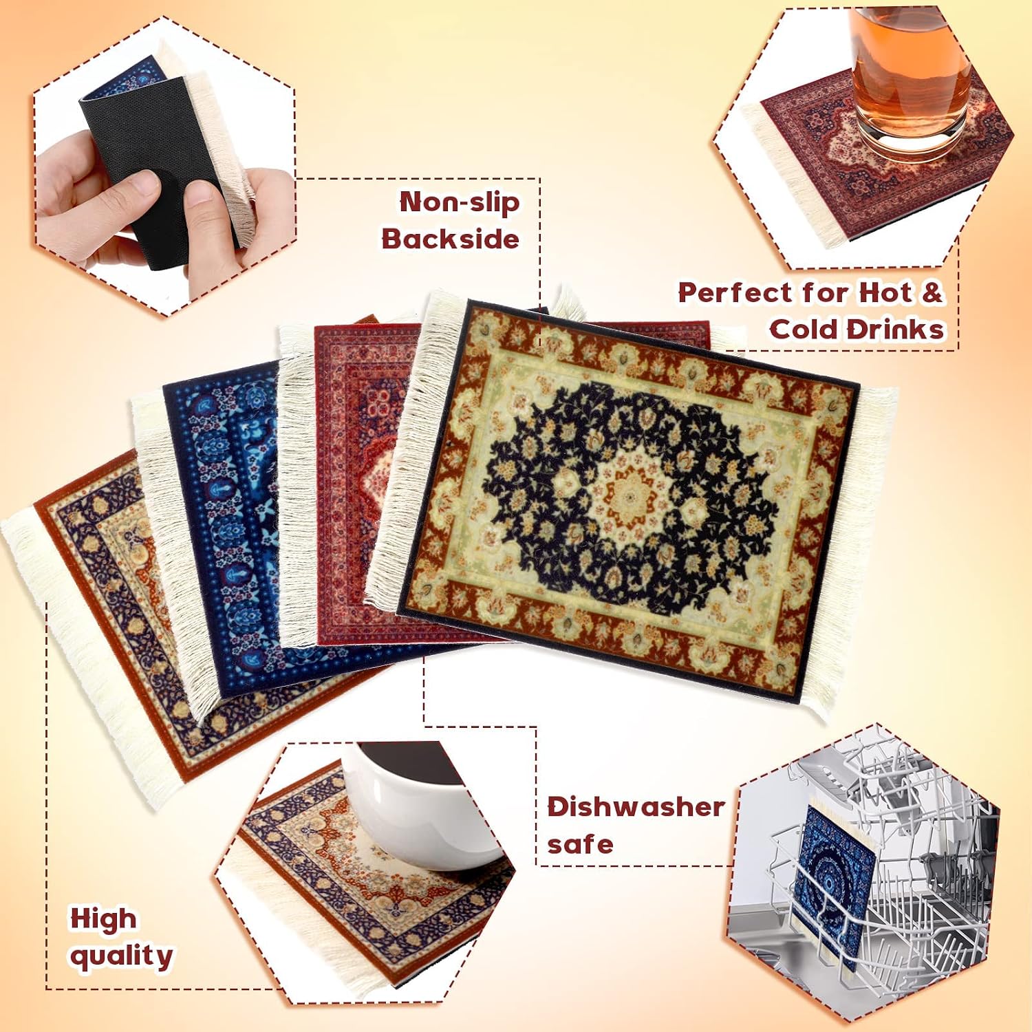 4 Pieces Rug Table Coasters Table Drink Holders Oriental Design Fabric Carpet Drink Mats Oriental Design Fabric Elegant Carpets Kitchen and Bar Mats for Home Office and More (Classic Pattern,Square)