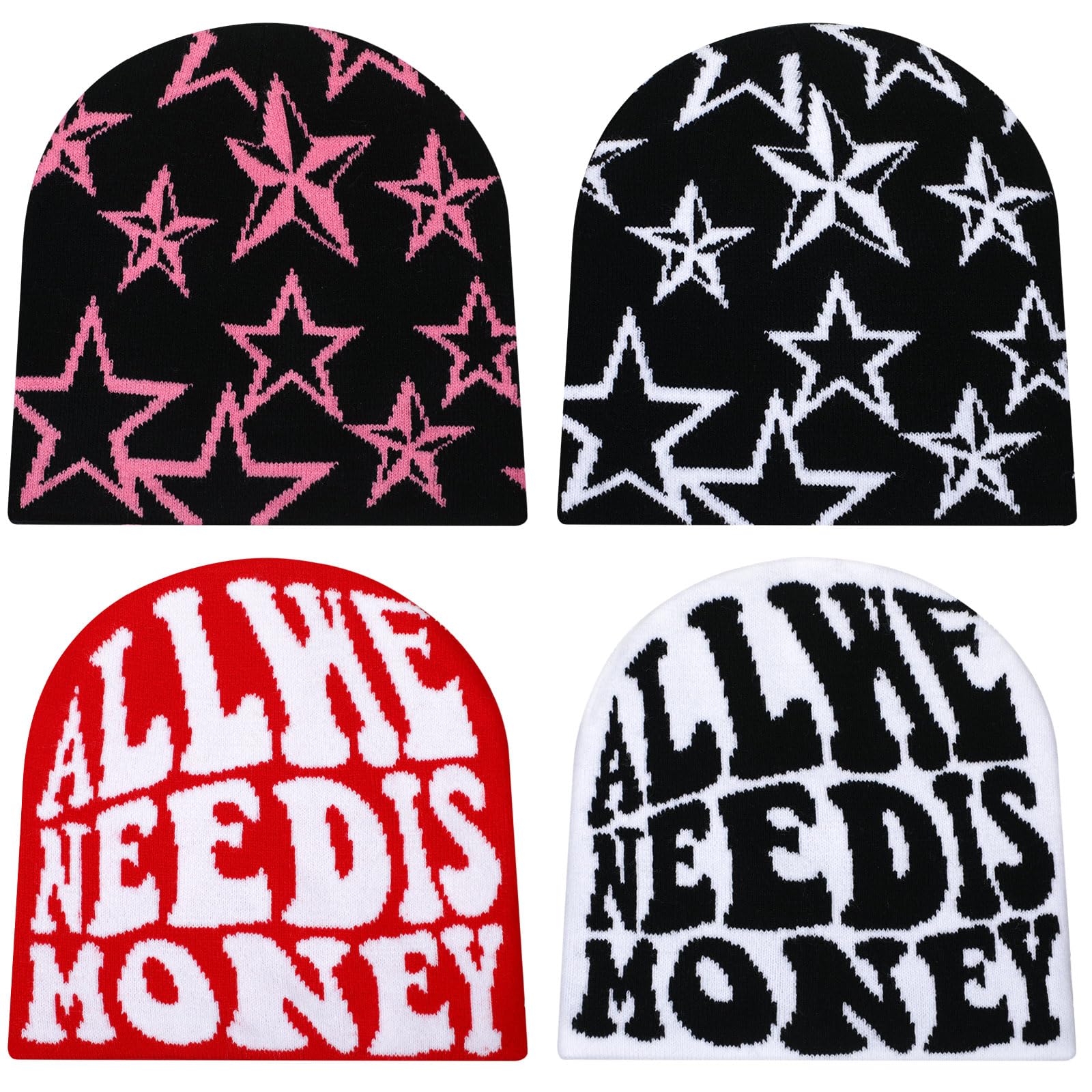 Ramede 4 Pcs Y2k Beanie - Double Sided Graphic Beanies for Men and Women, Acrylic Knitted Y2k Hats Accessories