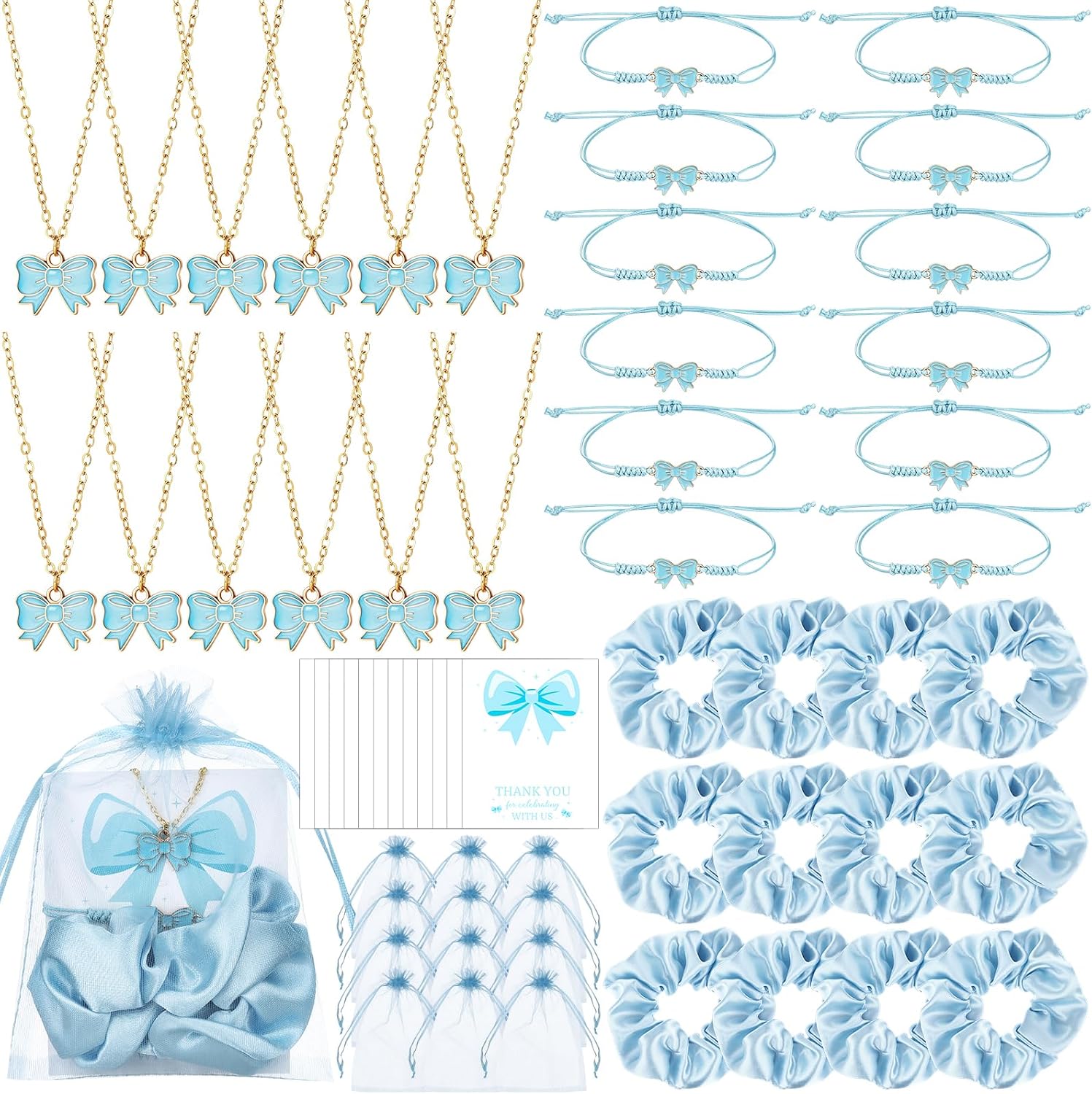 12Sets Coquette Bow Braid String Bracelets Blue Bow Party Favors Gifts Cheerleader Adjustable String Rope Braided Bows Necklace Ribbon Jewelry Pendant Charms Hair Ties Bag Card Friends Gift