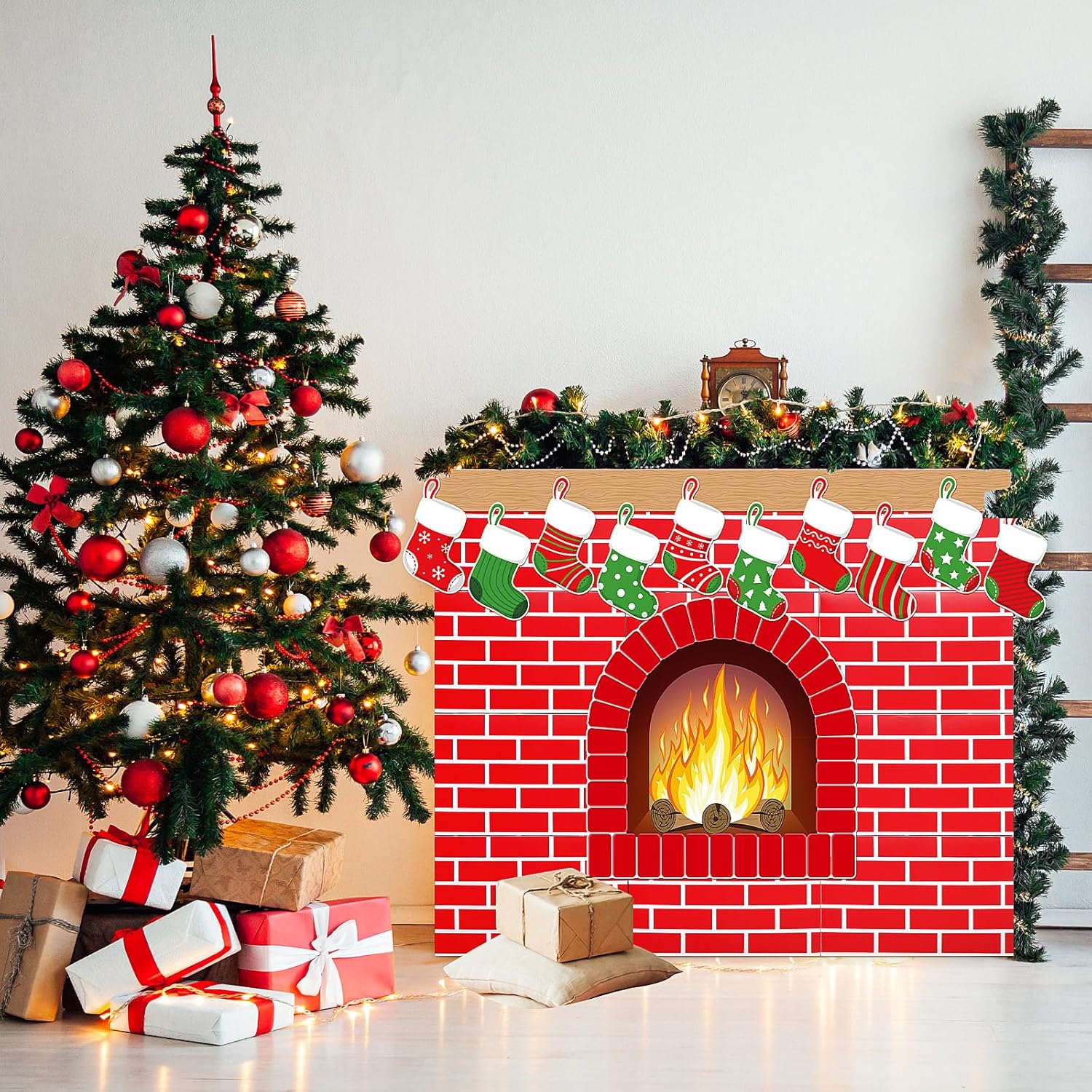 46 Pcs 3D Artificial Red Brick Cardboard Fireplace 39 x 35 Inch DIY Christmas Fireplace with Stocking Fire Flame Wood Grain Cutouts Fake Fire Place Backdrop for Christmas Decoration