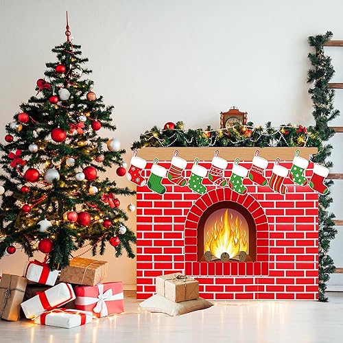 Miniatura 5 de 47 chimeneas de cartón de Navidad 3D de 39 x 35 pulgadas, chimenea artificial de Navidad con media llama de fuego, guirnalda de grano de madera