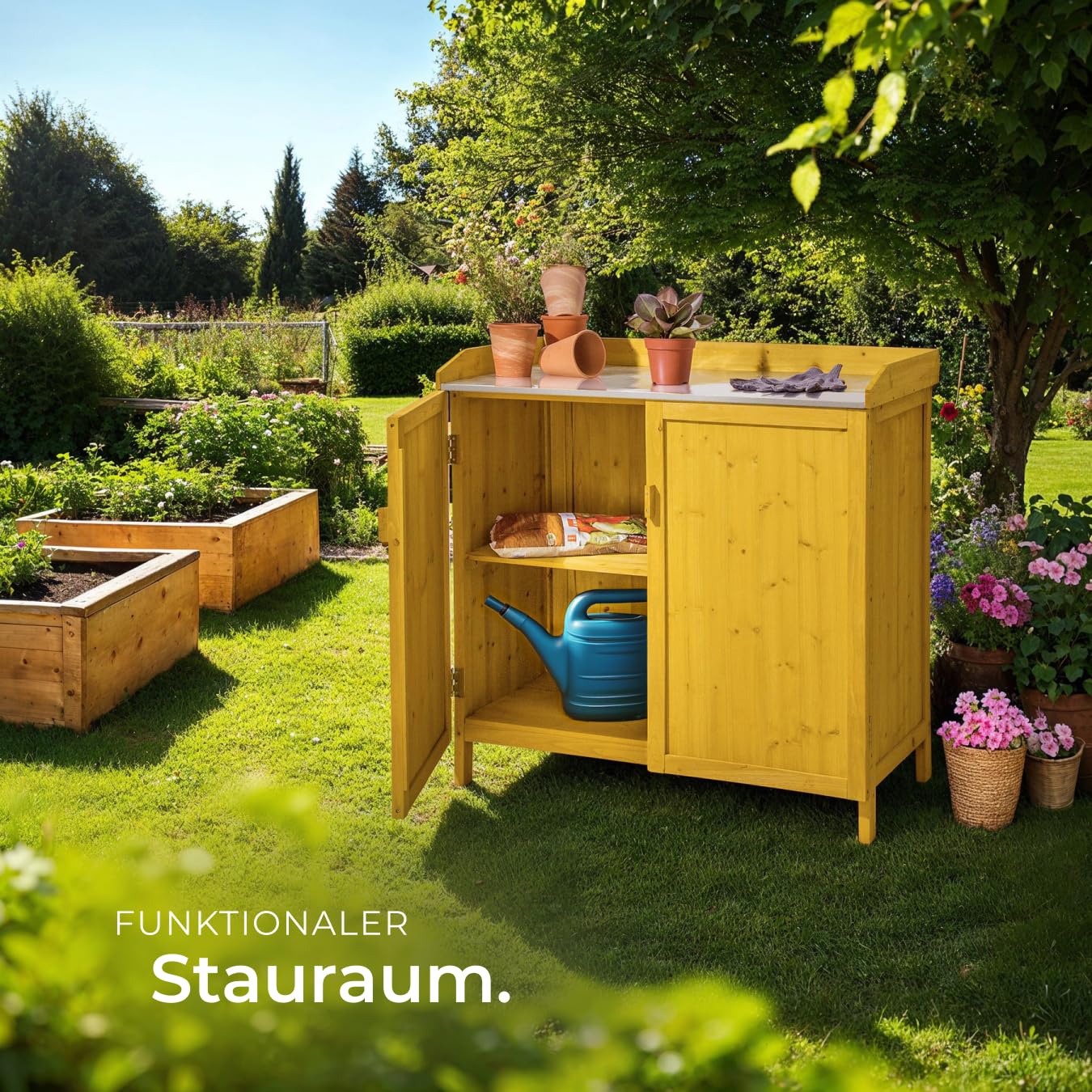 tectake® Pflanztisch Outdoor, Balkontisch mit Unterschrank aus Holz, 98 x 48 x 95 cm, Gartenschrank, Balkonschrank mit verzinkter Arbeitsplatte, Aufbewahrungsschrank für Garten mit 2 Regalböden