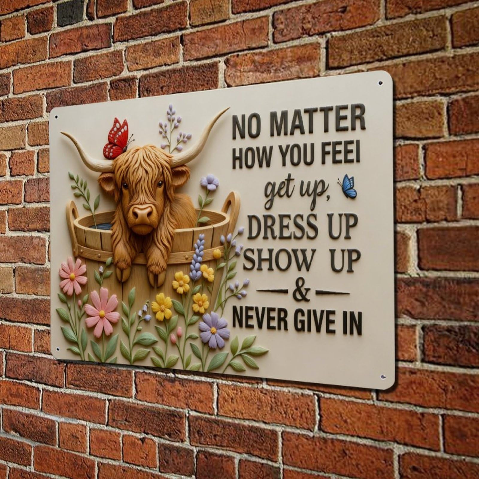 Cute Bull In Basket With Flowers Metal Tin Sign Plaque