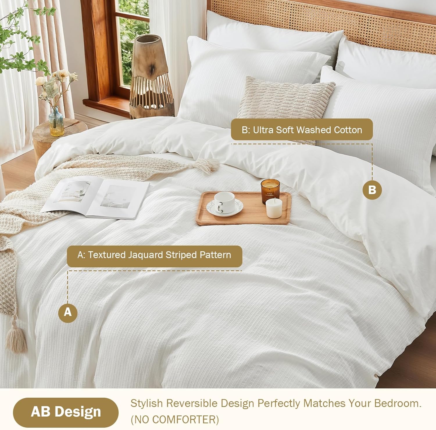 Ivellow 100% Washed Cotton Duvet Cover Queen – Soft Breathable Lightweight Bedding Set, Textured Striped Jacquard, 3-Piece Comforter Cover with Zipper & 8 Ties, White