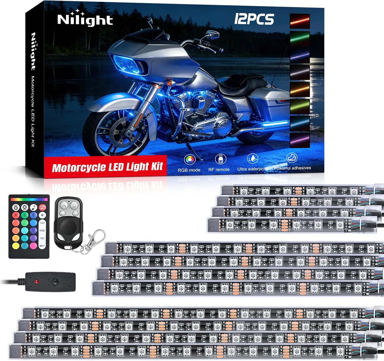 Nilight - TL-35 12PCS Motorcycle RGB Led Light Kit Waterproof Multi-Color Atmosphere Lights Lamp with Dual RF Wireless Remote Controllers for Harley Davidson Honda Kawasaki Suzuki, 2 Years Warranty