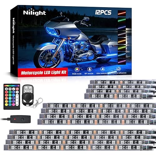 Nilight - TL-35 12PCS Motorcycle RGB Led Light Kit Waterproof Multi-Color Atmosphere Lights Lamp with Dual RF Wireless Remote Controllers for Harley Davidson Honda Kawasaki Suzuki, 2 Years Warranty