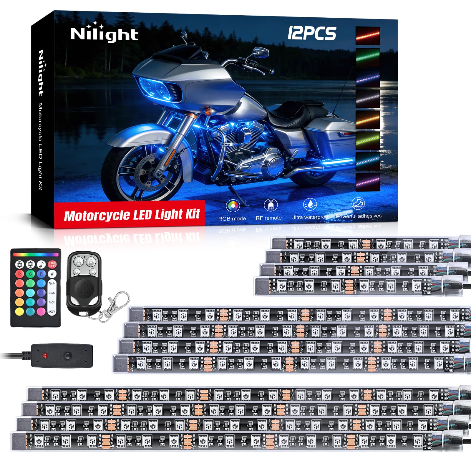TL-35 12PCS Motorcycle RGB Led Light Kit Waterproof Multi-Color Atmosphere Lights Lamp with Dual RF Wireless Remote Controllers for Harley Davidson Honda Kawasaki Suzuki, 2 Years Warranty