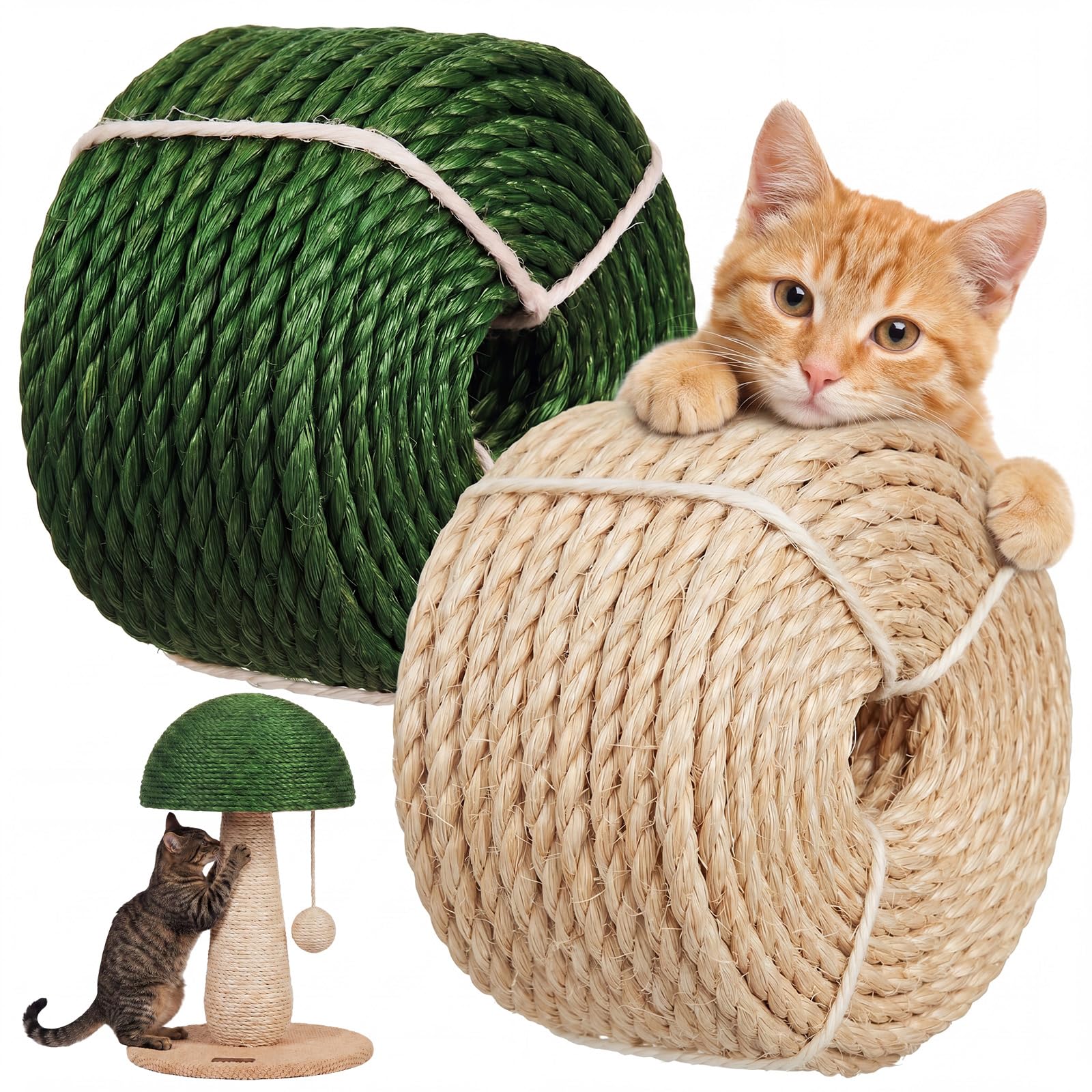 2 Pcs Natural Sisal Rope for Cat Scratcher, 1/4" 100 ft Cat Tree Rope Replacement Twine DIY Scratching Post Repair Twine for Carpet Mat Kicker House Crafts Home Decorating, Green Natural