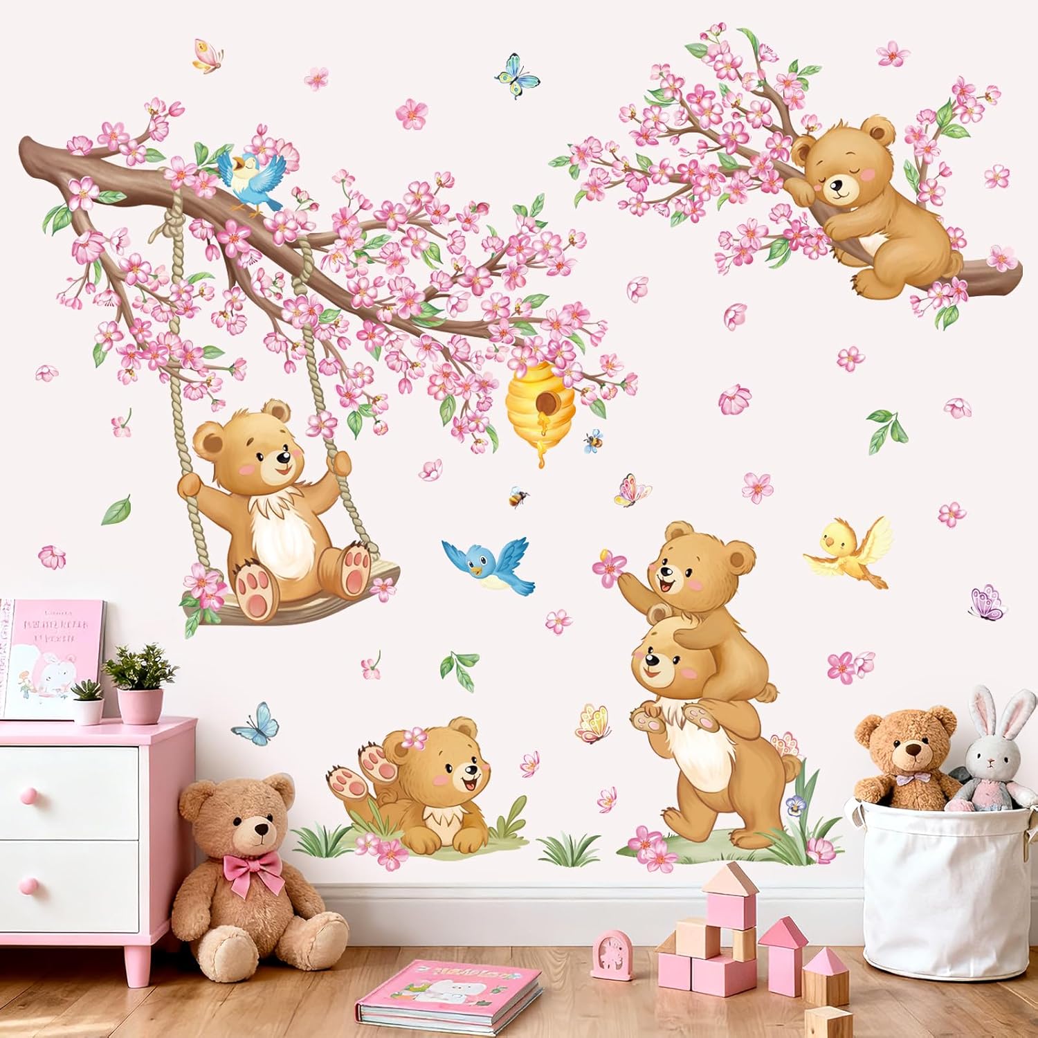 wondever Large Woodland Animal Flower Tree Wall Stickers Cherry Blossom Bear Fox Peel and Stick Wall Art Decals for Girls Bedroom Kids Room Baby Nursery