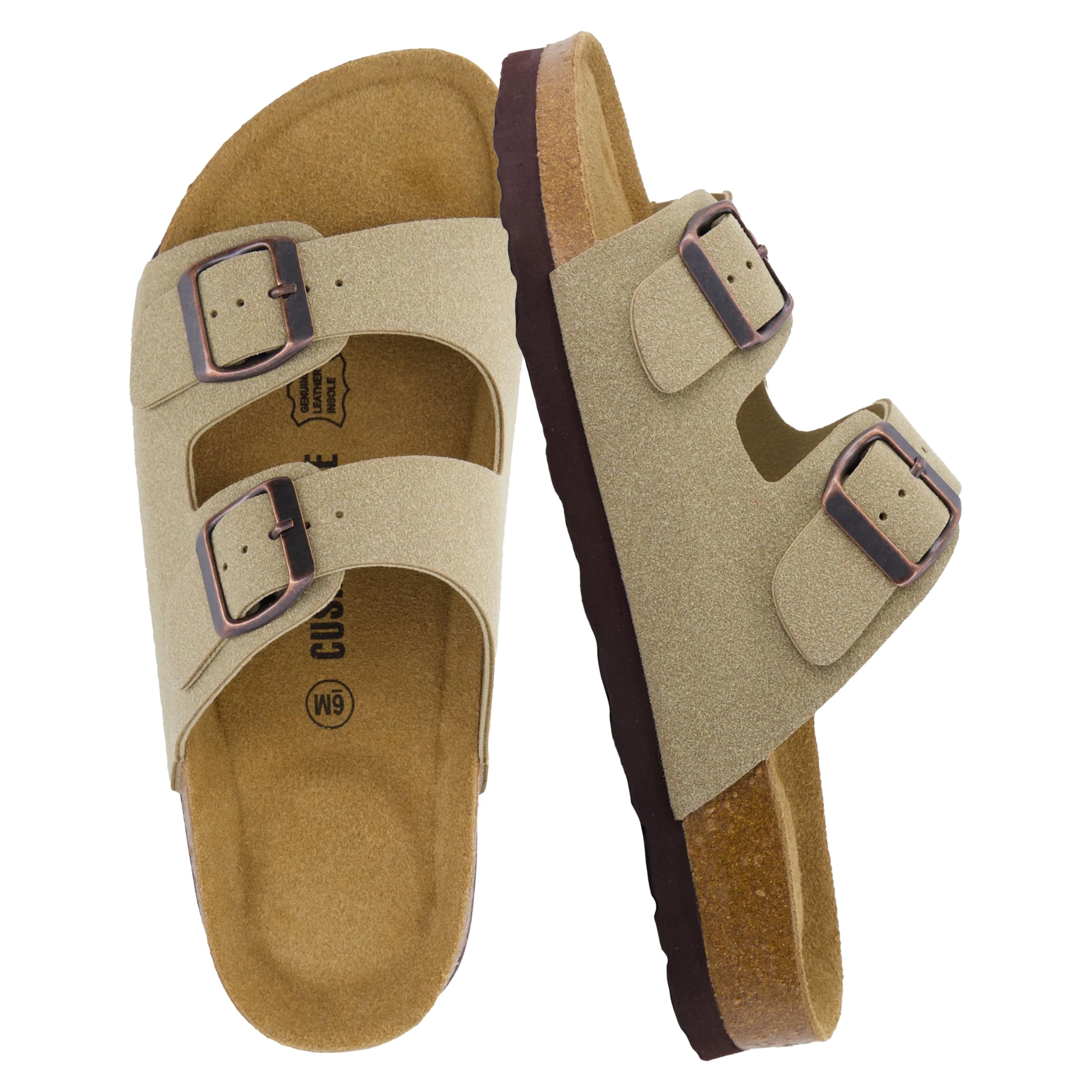 CUSHIONAIRE Lane Cork Footbed Sandals for Women – Comfortable Double Buckle Slip-On with Genuine Suede Footbed & Arch Support Slides for Women Footwear