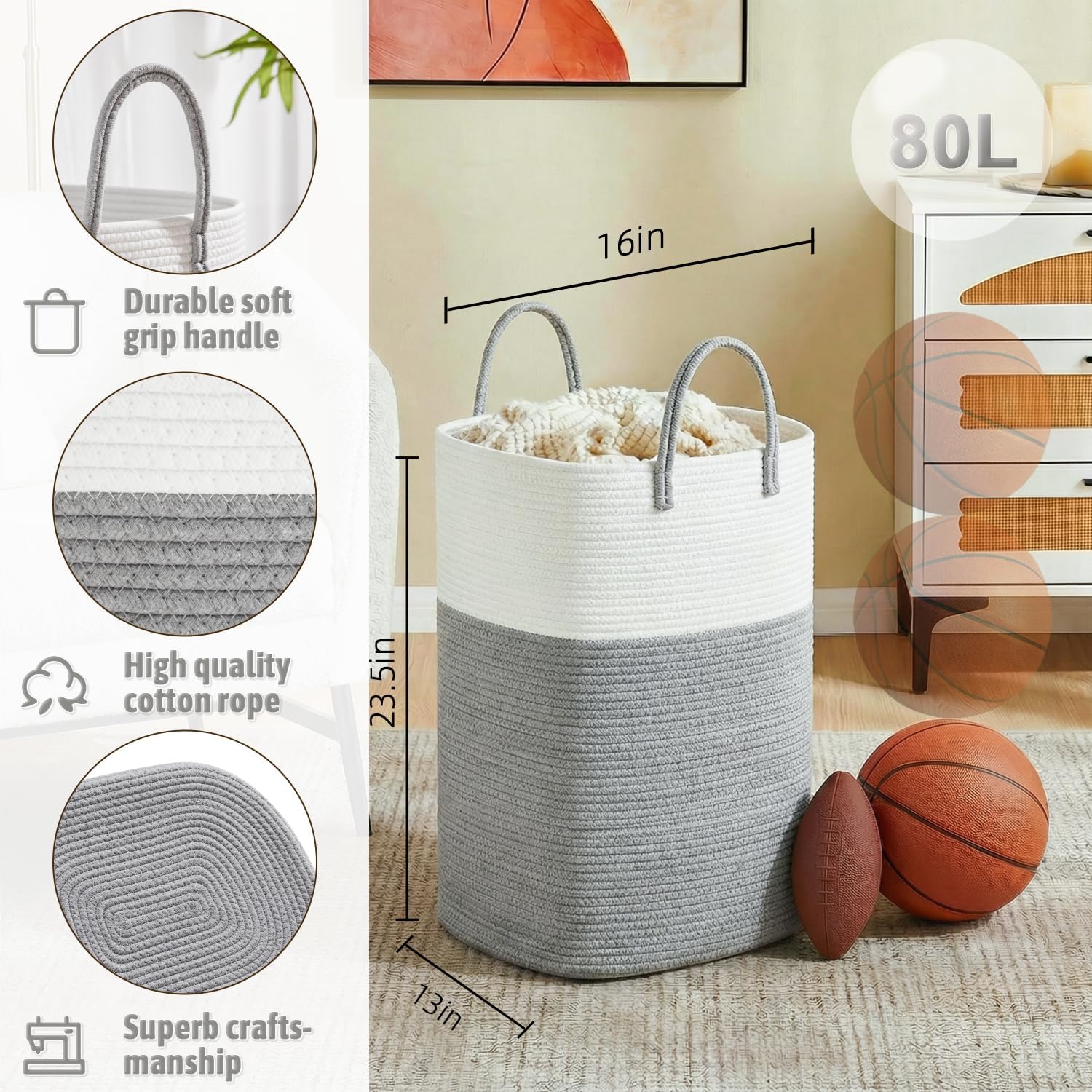 Laundry Basket,Woven Cotton Rope Laundry Hamper,Versatile Storage for Dirty Clothes,Baby Toys,and Blankets in Bathroom, Nursery,and Living Room (Grey, 80L)