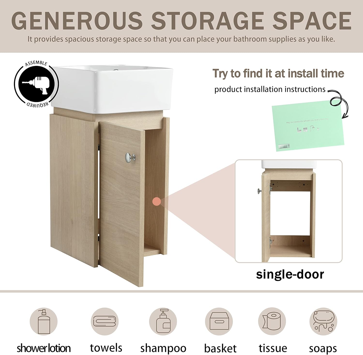 12" Bathroom Vanity with Ceramic Sink, Modern Floating Vanity, 12 Inch Single Sink Vanity Cabinet Combo, Brown Wall Mounted Storage Cabinet Set with Soft-closing Doors for Small Space(BN-045)