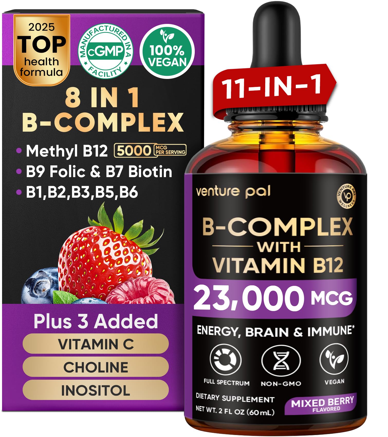 Venture Pal11-in-1 Vitamin B Complex Liquid Drops, B12 Methylcobalamin | B9 Folic | B1,B2,B3,B5,B6,B7 - Vitamin C, Choline, Inositol, Immune & Energy Metabolism, Brain & Heart Support