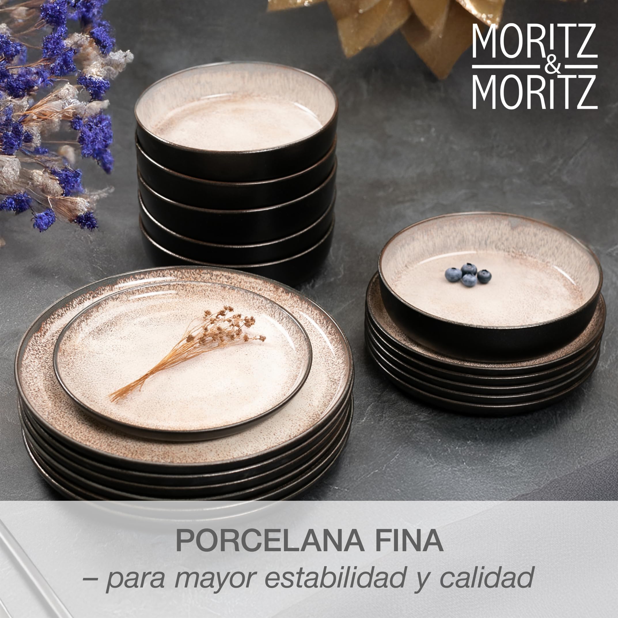 Moritz & Moritz VIDA Juego de 18 piezas de platos de mesa Juego de vajilla combinada en beige para 6 personas - de porcelana apta para el lavavajillas y el microondas