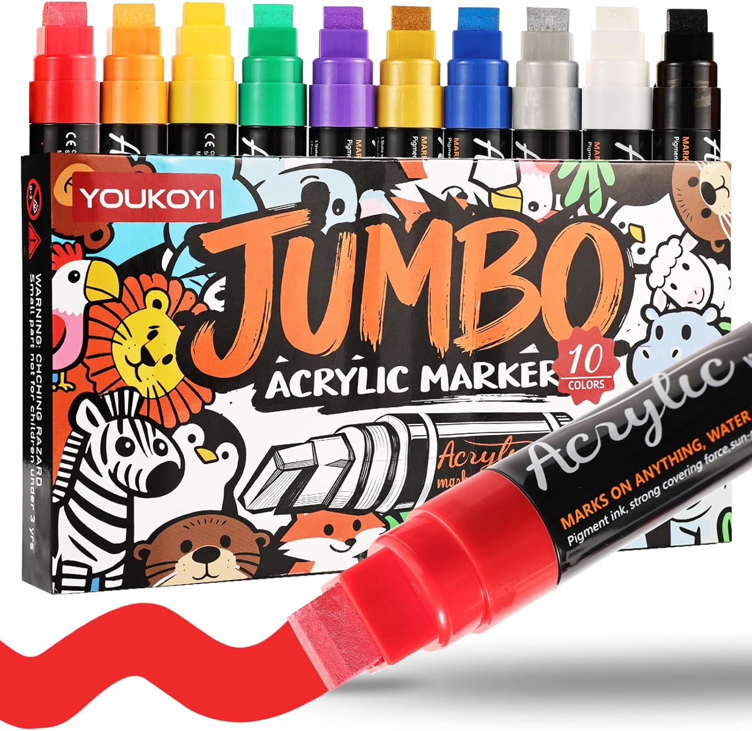YOUKOYI Jumbo Acrylic Paint Markers 10 Pack, 15mm Wide Tip Permanent Graffiti Markers, Non-Toxic Quick Dry Waterproof Multi-Surface Art Markers for Canvas Wood Glass Rock Fabric Poster DIY Crafts