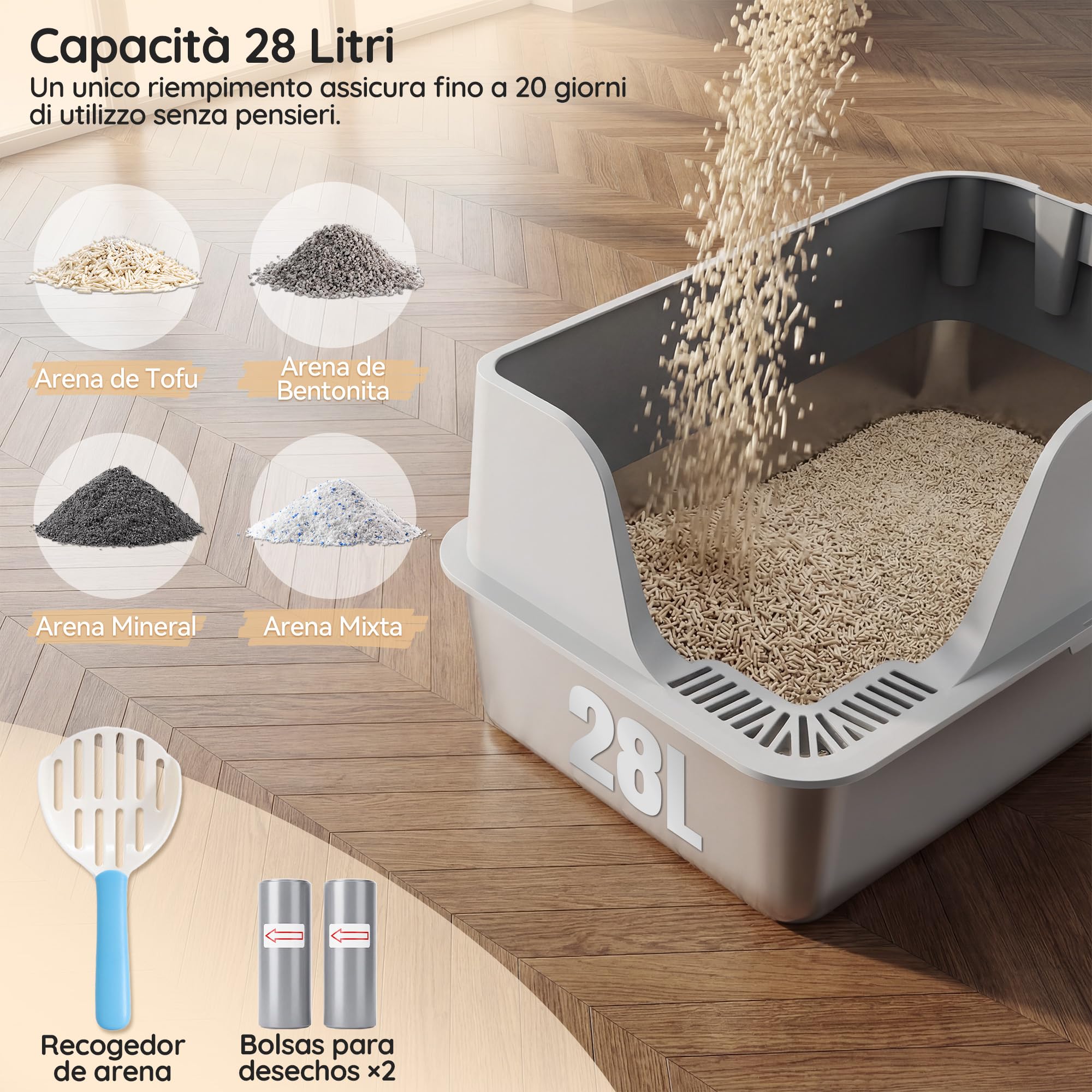 JUMMICO Arenero Acero Inoxidable Gatos, con Entrada Antigoteo, Robusto y Resistente a los Arañazos, Fondo Antiadherente Fácil de Limpiar,60L Caja de Arena para Gatos Grande con Pala y Bolsas de Basura