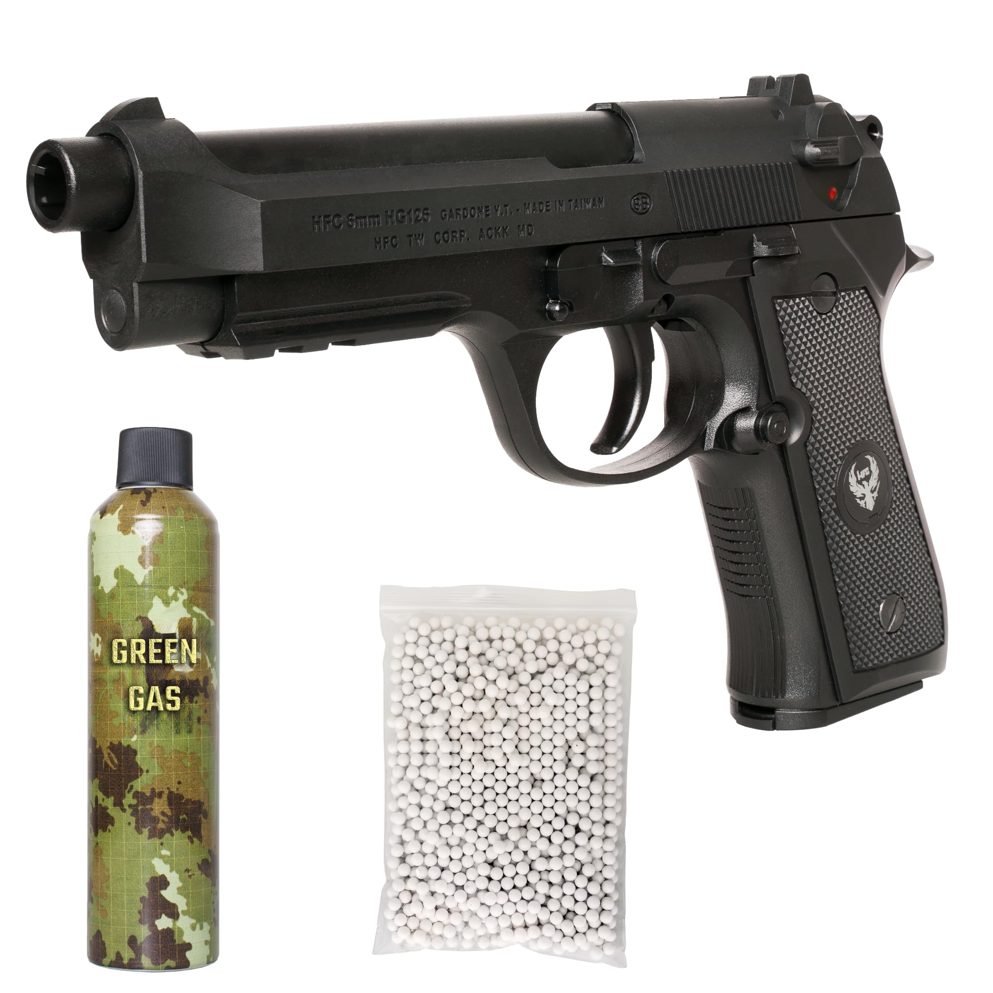 Pistola Softair 92 FS Gas, Bundle Completo: Pistola a Pallini, Green Gas 400ml, 1000 Pallini 6mm, Airsoft, Pistole Softair, colore nero