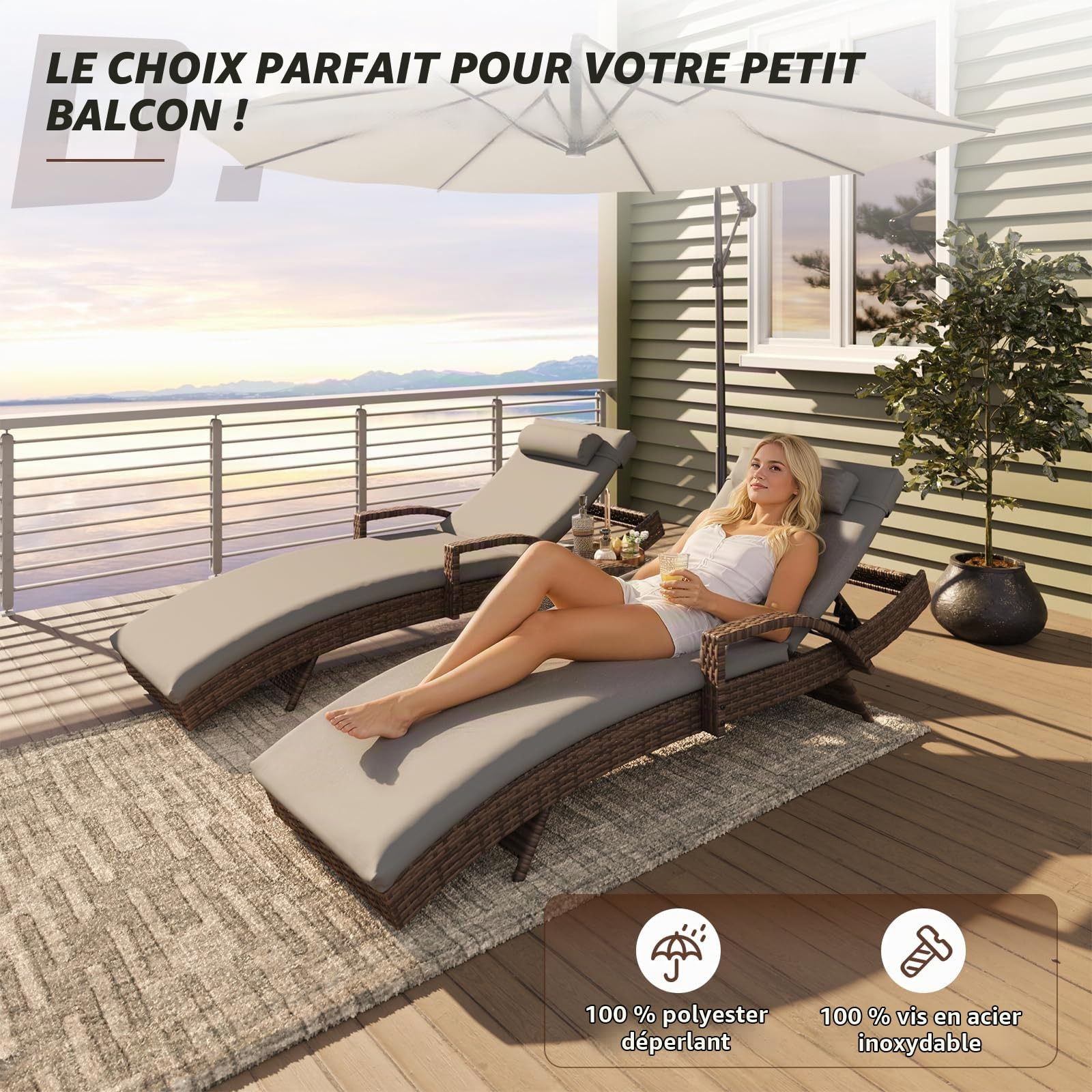 UDPATIO Transat Jardin Exterieur - Chaise Longue Bain de Soleil en Résine Tressée, Dossier Réglable 5 Positions, Fauteuil de Jardin avec Coussin et Appuie-tête, pour Jardin, Terrasse et Balcon, Marron