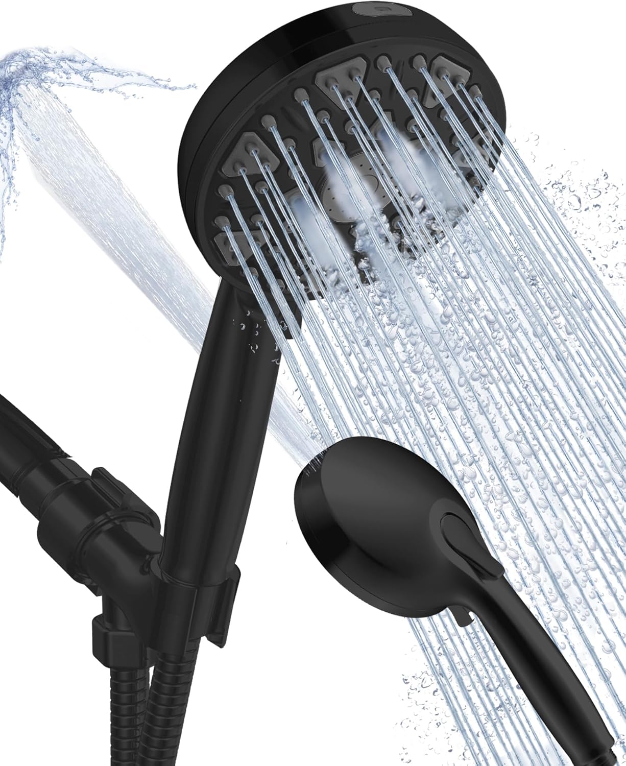High Pressure Shower head with Handheld 7 Modes, Built-in Power Wash to Clear Tub. Tile & Pets, 5 High Flow Hand Held Hydro Rain Showerhead with Stainless Steel Hose and Adjustable Bracket-Matt Black