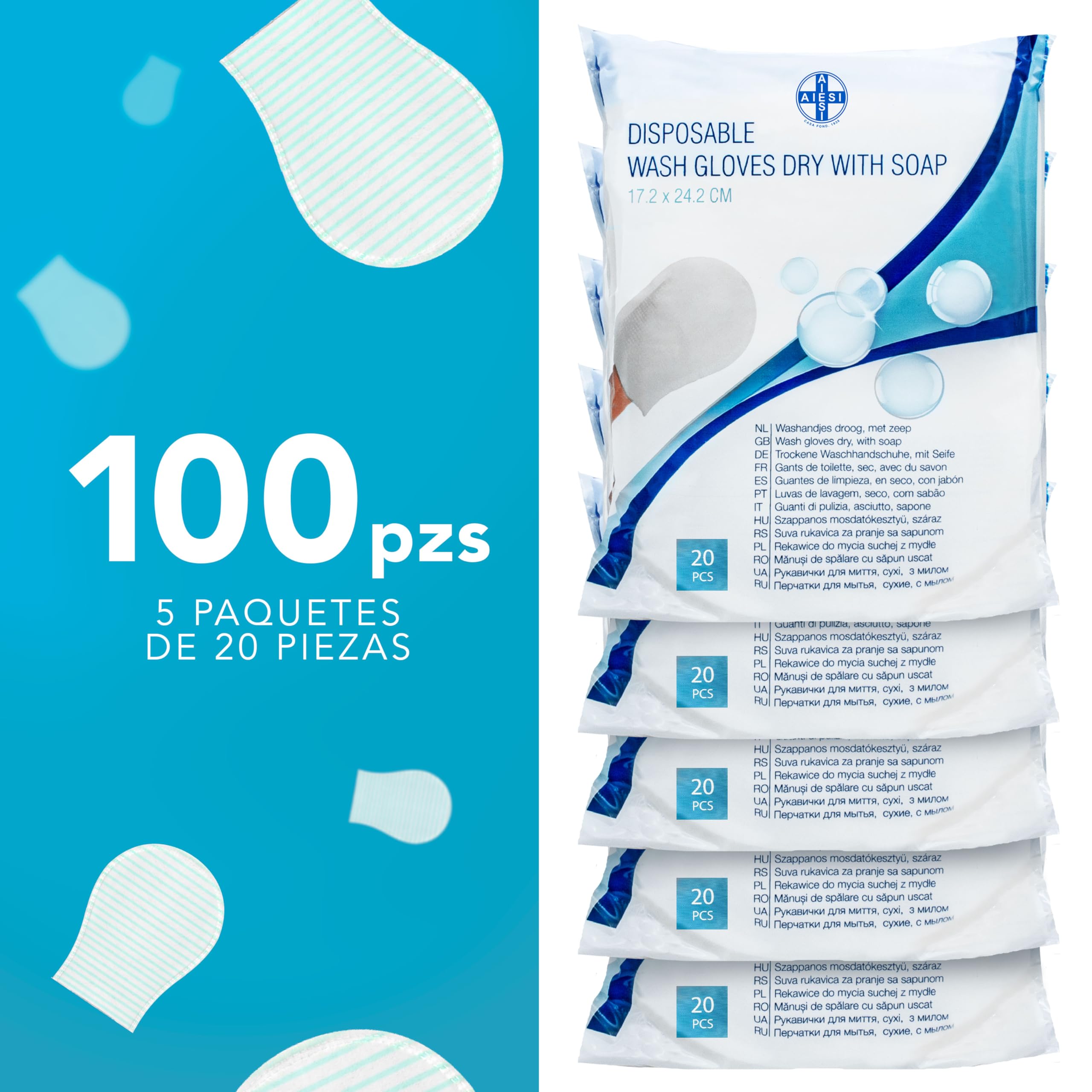 AIESI® Manoplas Jabonosas desechables impermeable con esponja suave (Paquete de 100 piezas), Delicadamente perfumado, Sin enjuague