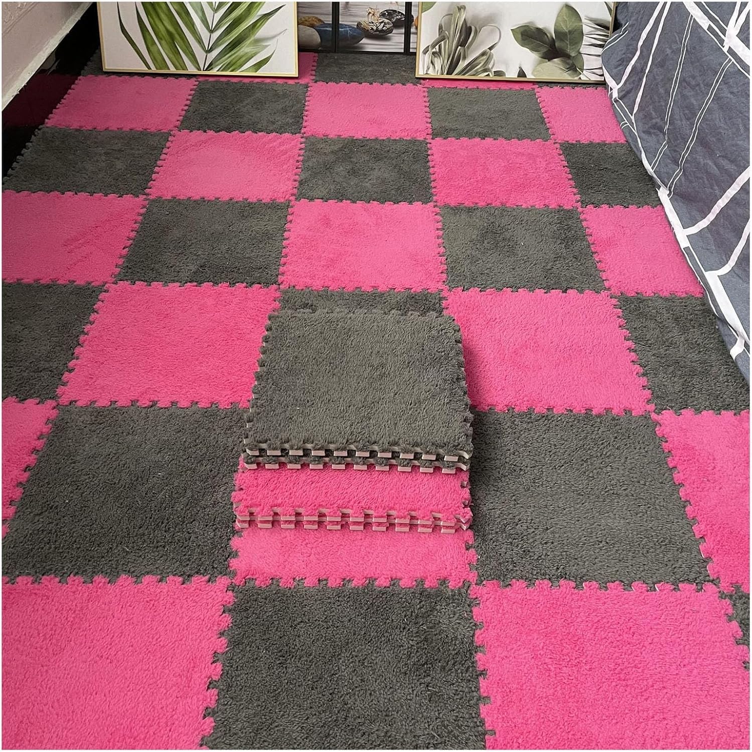 16Pcs Interlocking Plush Foam Area Rugs, Square Fluffy Puzzle Mats, Soft and Non-Slip for Home Decoration (Gray+Rose)
