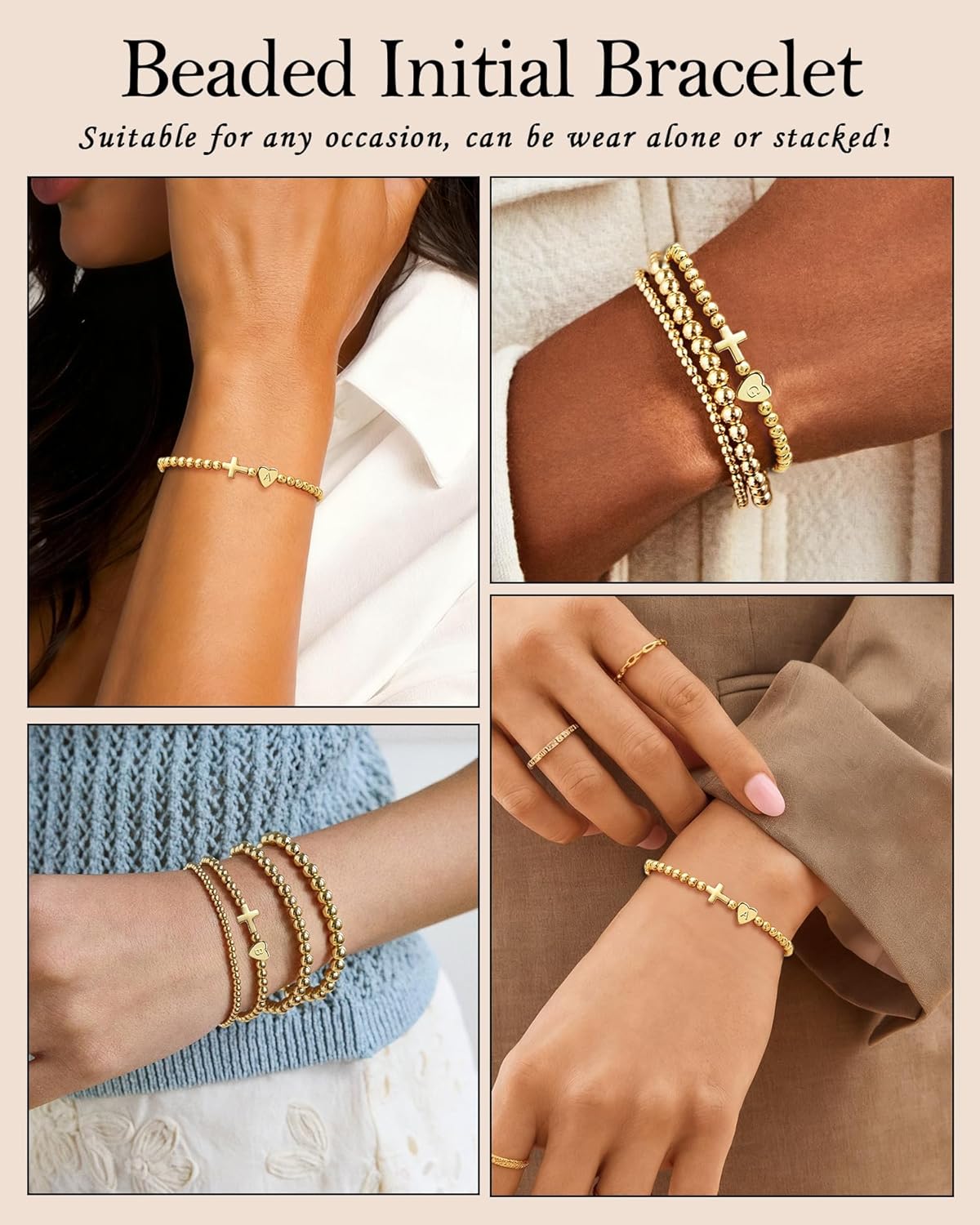 TLY Cross Bracelets for Women Initial Beaded Stretch Elastic Heart Bracelet 14K Gold Plated Dainty Trendy Friendship Bracelets Stack Stocking Stuffers for Women Teens A-Z Letter Charm Bracelet Valentines Day Jewelry gifts - Image 5
