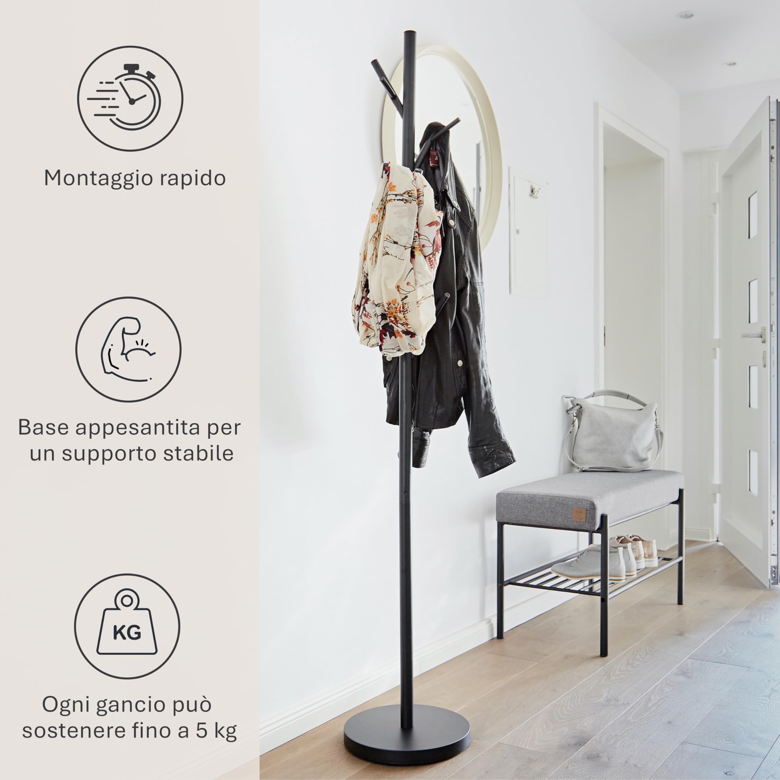 LOVE IT STORE IT Loft Appendiabiti da Terra in Metallo Nero - 5 Ganci - Base stabile 30 cm, altezza 170 cm - Appendiabiti Ingresso Moderno