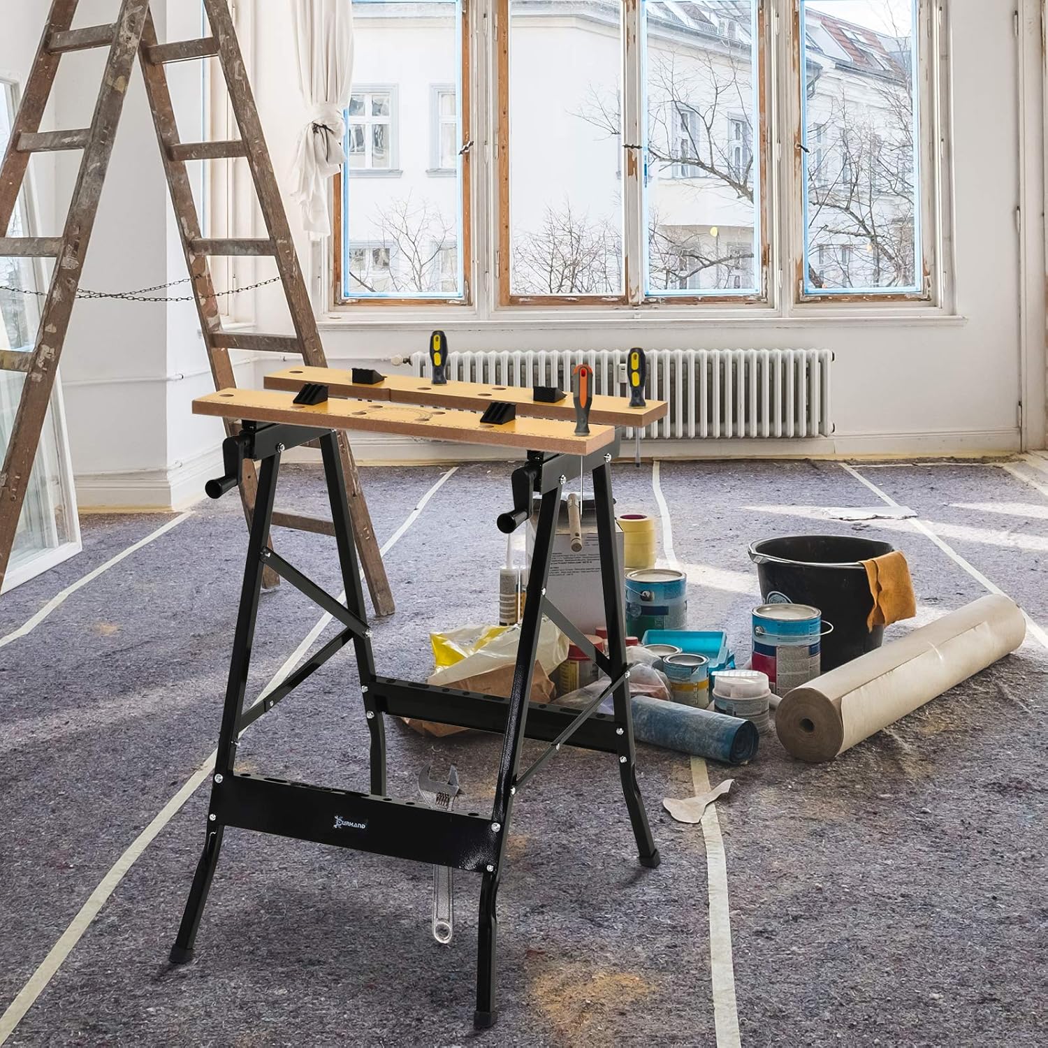DURHAND Folding Sawhorse in a workshop setting