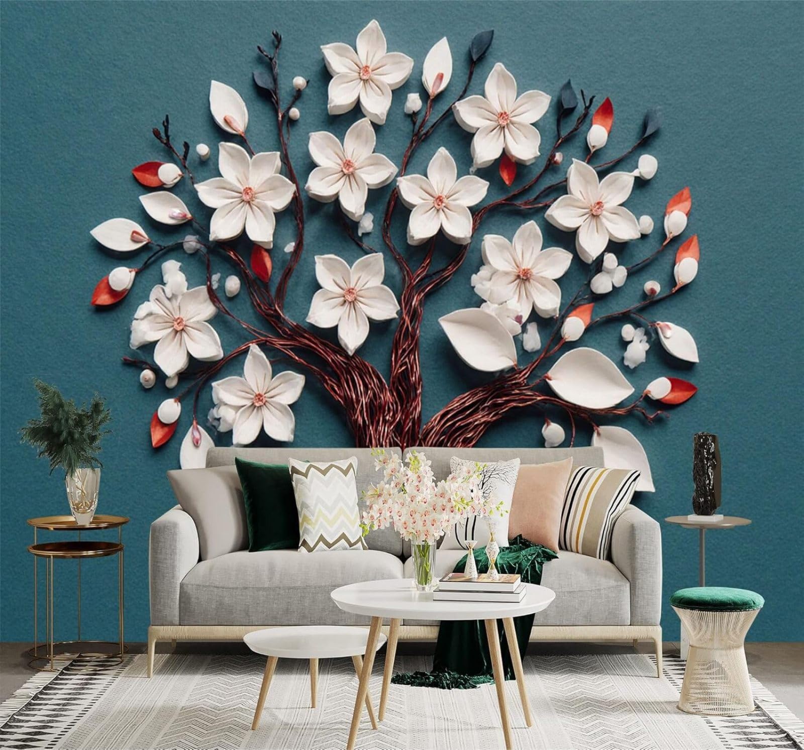 XLMING Creative Blossoming Tree White Flowers Copper Branches Art 3D Wallpaper Silky Texture Home Study Office Grey Dining Room Sofa Bedroom Living Room TV Backdrop-250cm×170cm