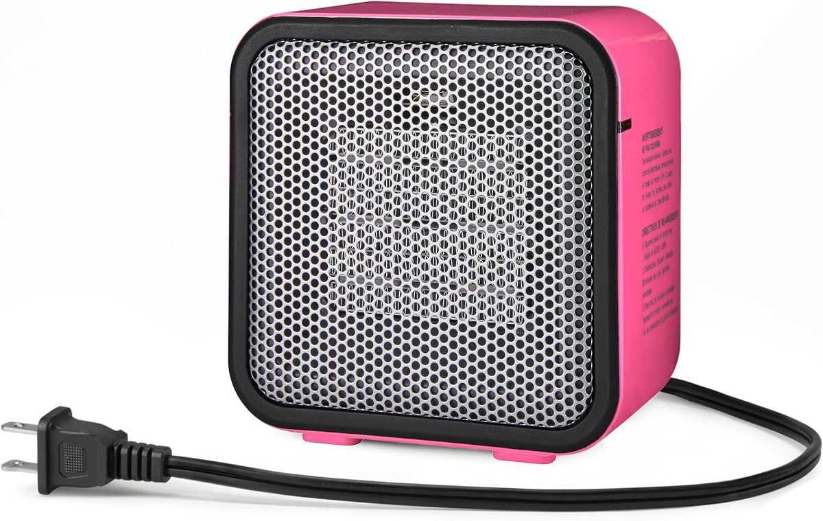 Calentador de cerámica, mini calentador portátil para escritorio de oficina, uso interior, 500 W, con protección contra vuelcos, ligero 1,4 libras, rosa, 5,9 x 3,2 x 6 pulgadas