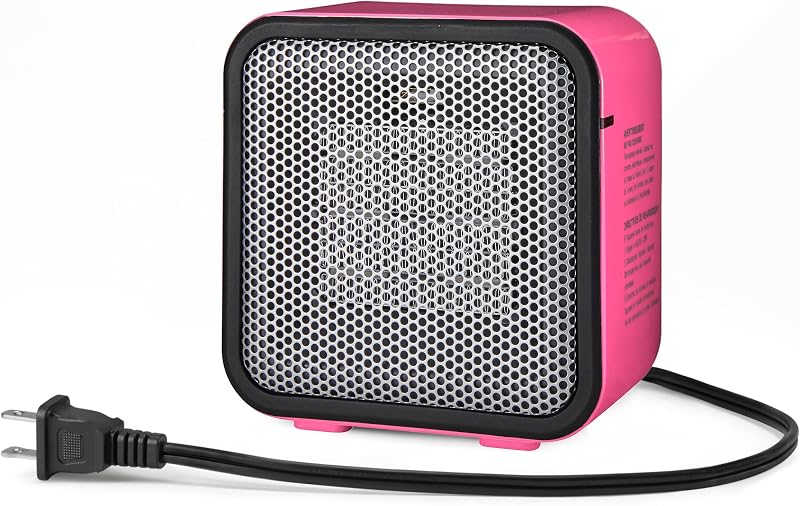 Calentador de cerámica, mini calentador portátil para escritorio de oficina, uso interior, 500 W, con protección contra vuelcos, ligero 1,4 libras, rosa, 5,9 x 3,2 x 6 pulgadas