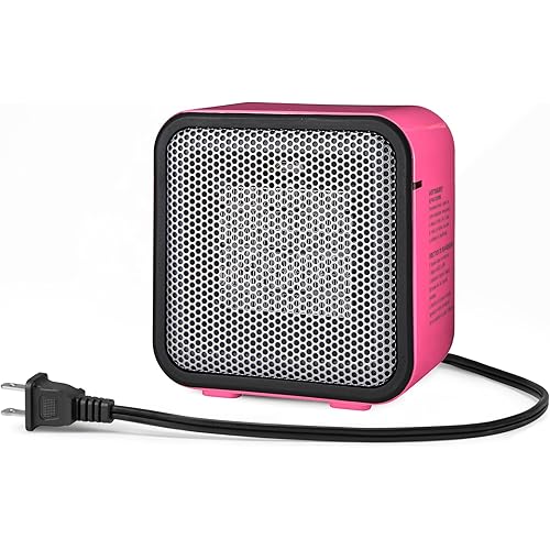 Amazon Basics Ceramic Space Heater, Portable Mini Heater for Office Desk, Indoor Use, 500W, With Tip-Over Protection, Lightweight 1.4 lbs, Pink, 5.9 x 3.2 x 6 inches