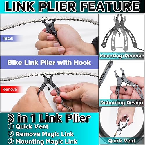 Miniatura 3 de Herramienta de cadena de bicicleta, 3 piezas, alicates de eslabones de bicicleta + herramienta de deriva de cadena + gancho de cadena de bicicleta,