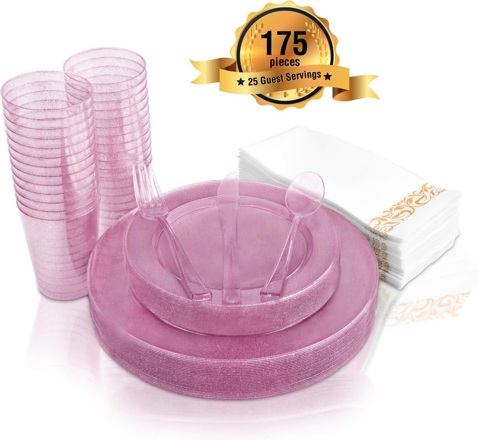 pink Disposable Dinnerware - Pink Glitter 25 Guest, 175 Pack Of Heavy-Duty Plastic Party - 25 Dinner Plates 10.25", 25 Dessert Plates 7.5", 25 Cups, 25 Napkins, 25 Forks, 25 Spoons, 25 Knives, by Fete