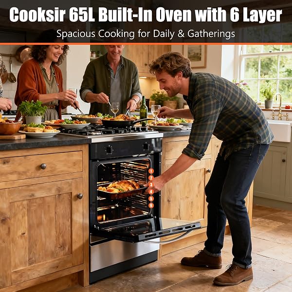 65L Built in Oven, 2000W Electric Single Oven Built in with Single Upper Tube, 4 Cooking Functions, 50℃-250℃ Knob Control, Detachable Door & Racks, Light, 6-Layer Racks - 5