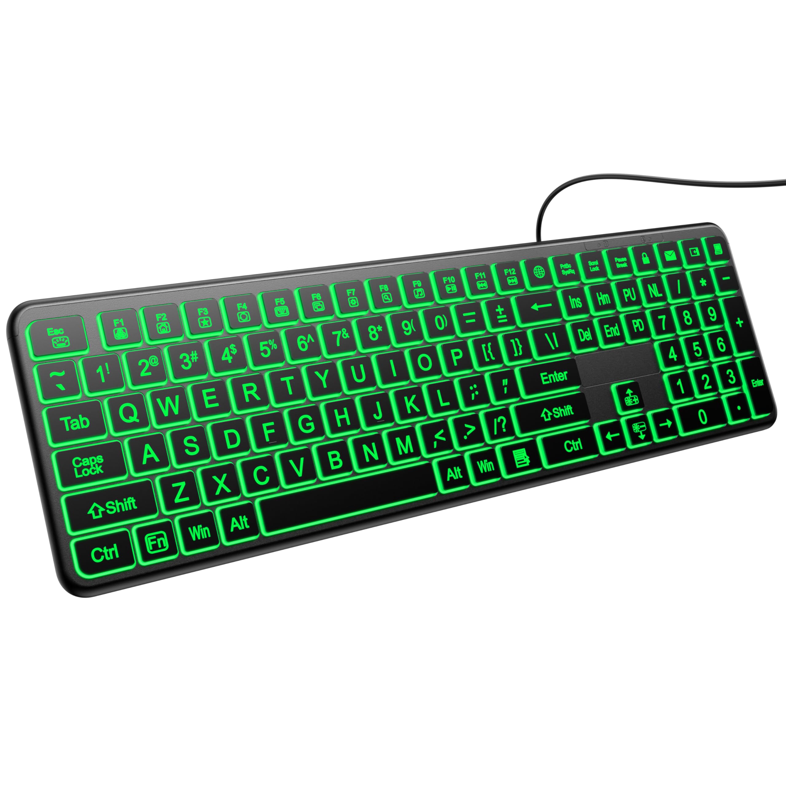 Hamile Large Print Light Up Keyboard, USB Silent Wired Keyboard | 7-Color Backlit, Foldable Stands, Quiet Corded Full Size for Computer PC, Laptop, Desktop, Windows