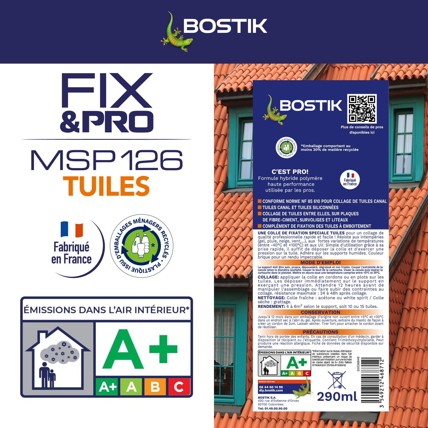 Bostik FIXPRO - Mastice Tegole Rosso MSP 126 per Tetti e Piastrelle in Silicone - Presa Rapida - Ibrido Polimerico - Colore Mattone - 1 Cartuccia 290 ml