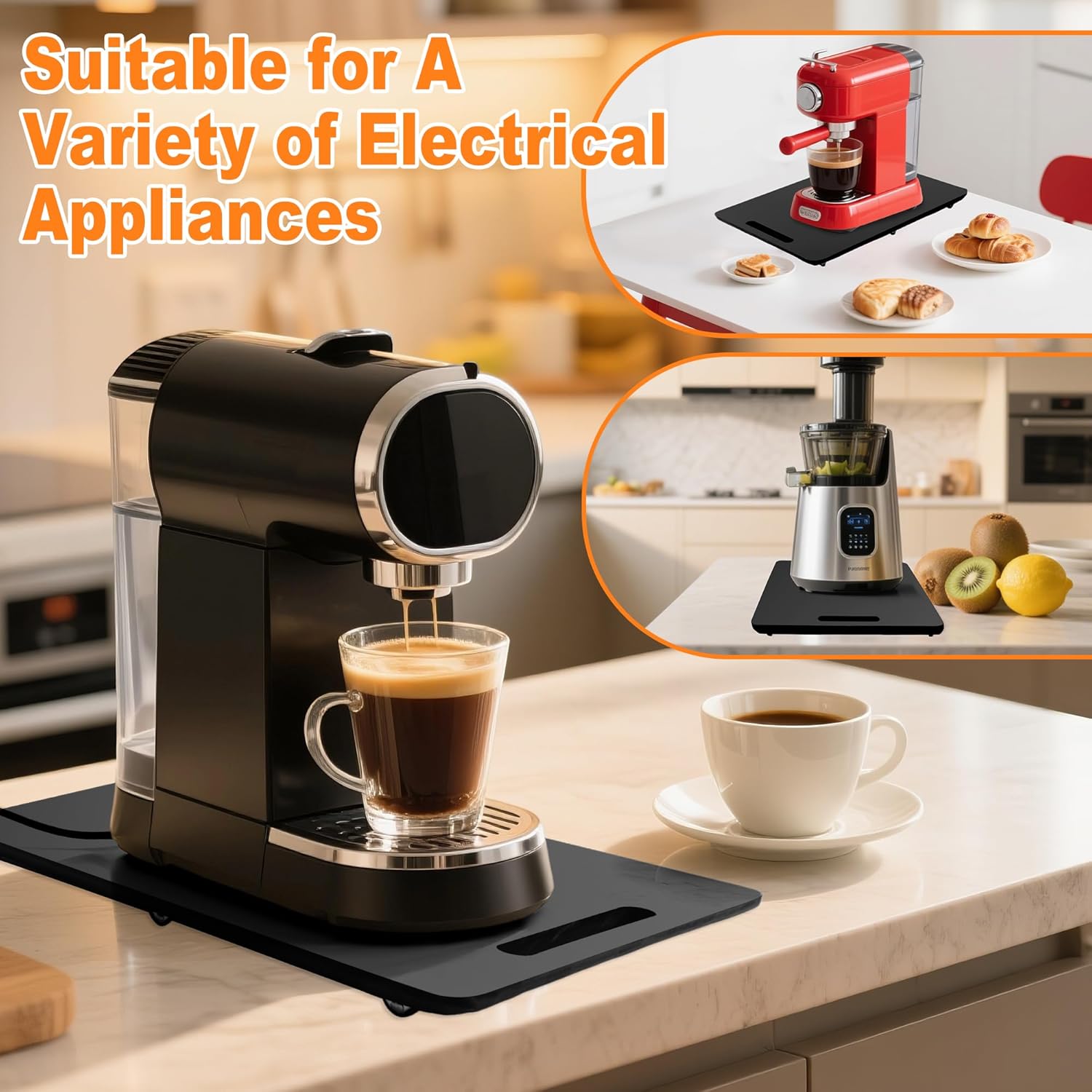 Bamboo Appliance Slider, Elegant Sliding Tray for Coffee Maker & Heavy Kitchen Appliances, Rolling Tray with Rubber Wheels, Countertop Mat Pad Slide Easily from Under The Cabinet (13"L × 16"W)