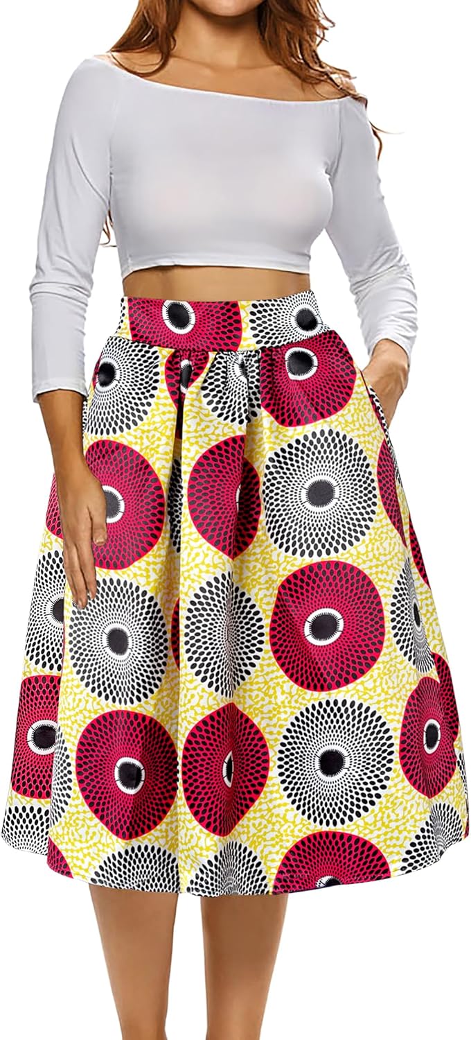 Afibi Womens African Print Skirt Boho Flare Pleated Midi Skirt with Pockets - Image 2