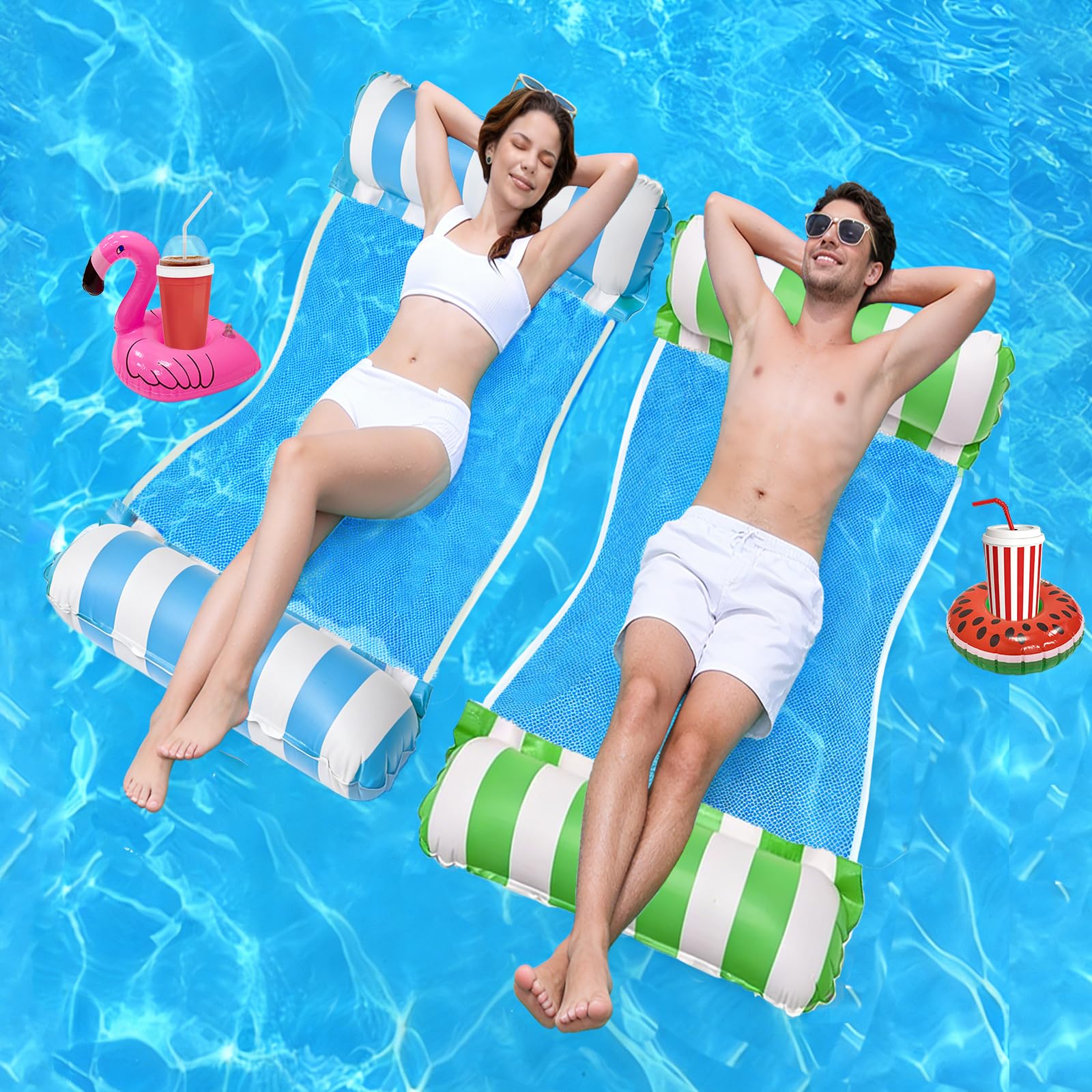 2 Pack Pool Inflatables for Adults, Inflatable Pool Floats with 2 Inflatable Drink Holders, 4-in-1 Water Hammock for Swimming Pools, Portable Swimming Pool Hammock Lounger