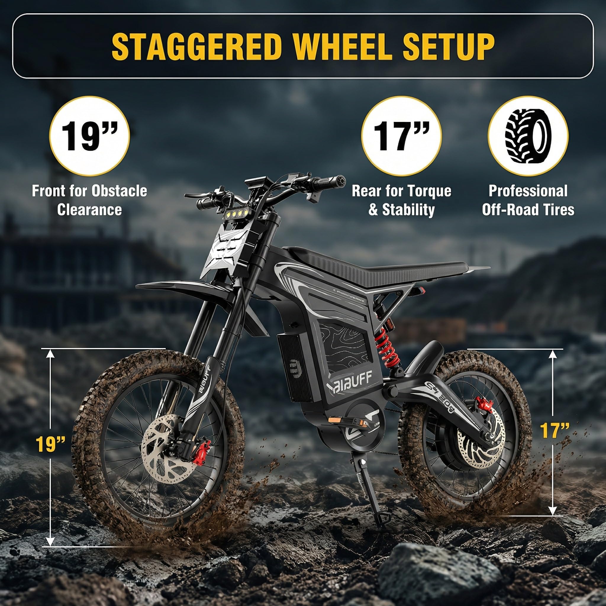 GT600 Bicicleta Eléctrica para Hombre, Moto Eléctrica para Adultos con Batería de 72V 30Ah, Neumático Todo Terreno de 19" /17", Frenos Hidráulicos Motocross Eléctricos, Hasta 100 km