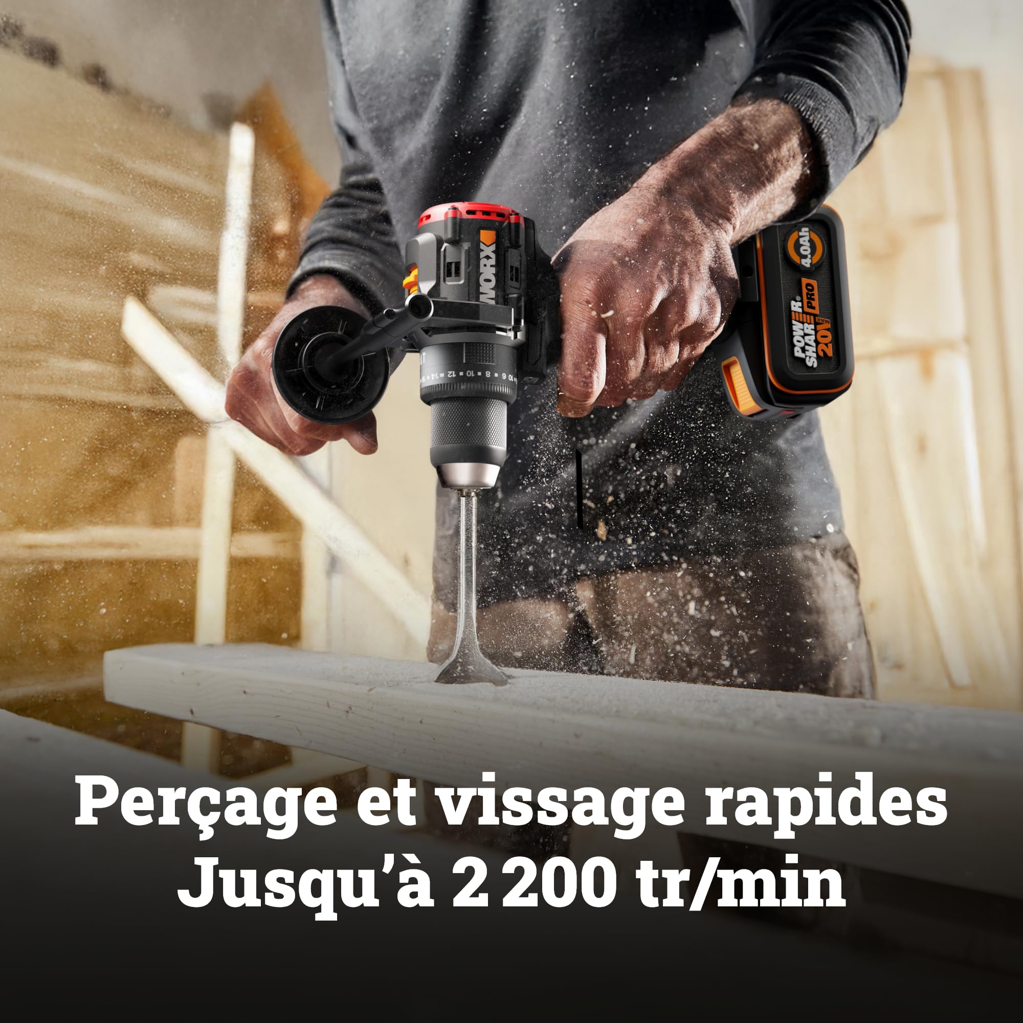 WORX Perceuse-visseuse à percussion sans fil 20V WX356, couple max de 85 Nm, moteur brushless, design compact, éclairage led intégré, livrée avec 2 batteries, chargeur, poignée auxiliaire, etc