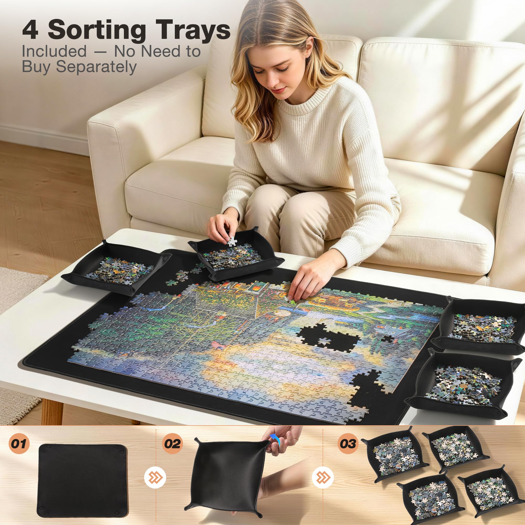 ALL4JIG Tappetino puzzle arrotolabile, tappetino da gioco per puzzle, design 3 in 1, per 1500 pezzi (45,7 x 25,6 cm)